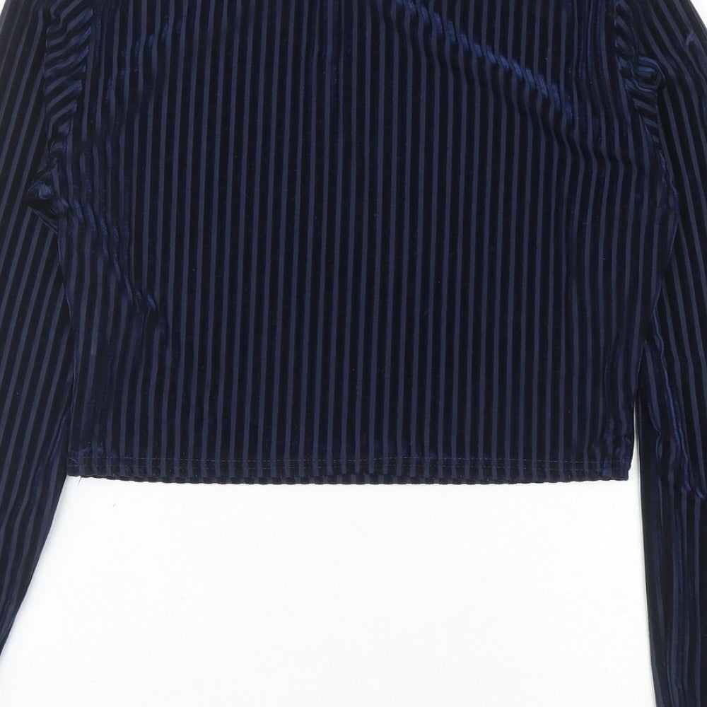 Glamorous Womens Blue Polyester Cropped Blouse Size 10 Mock Neck