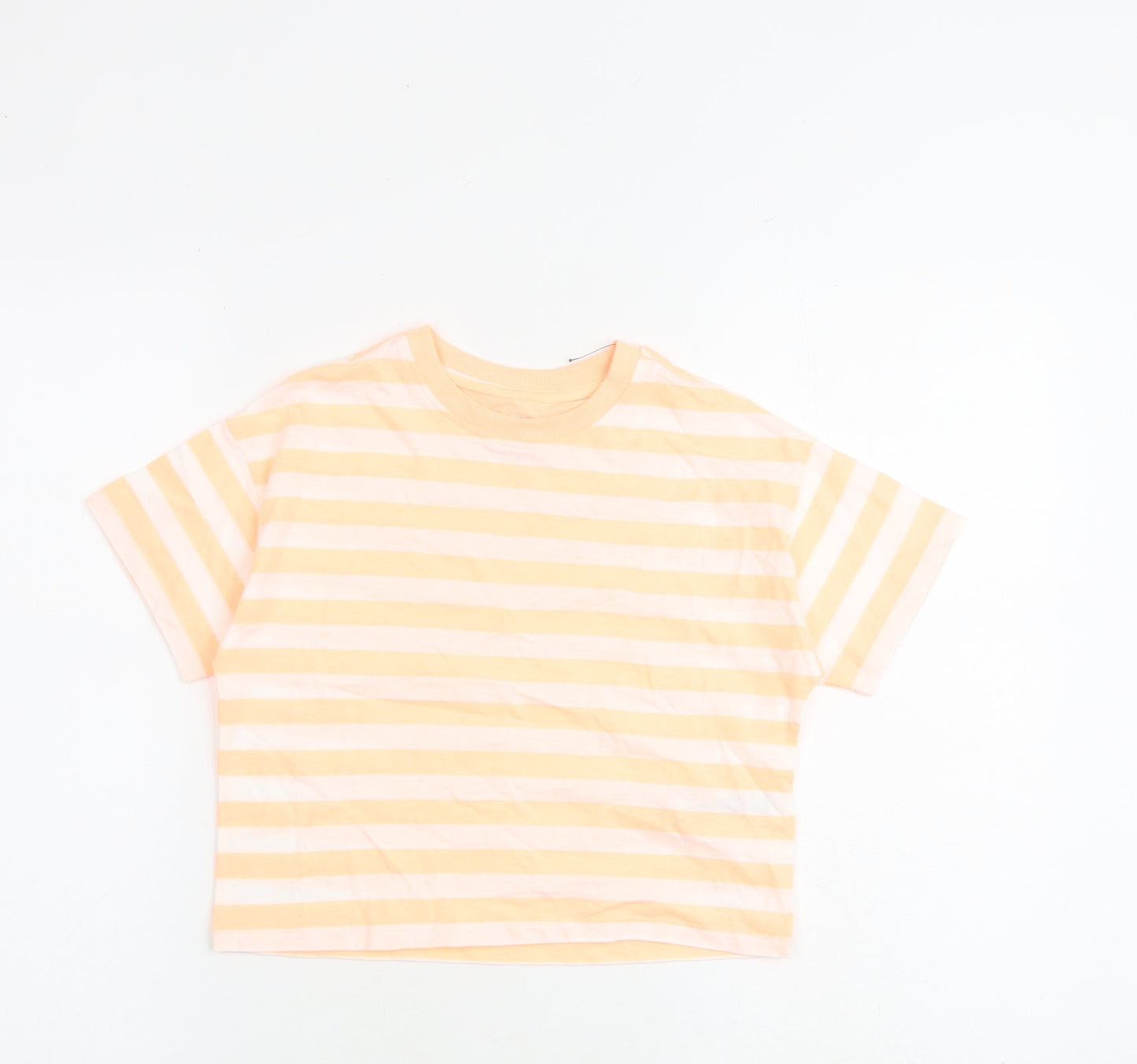 Marks and Spencer Girls Orange Striped Cotton Basic T-Shirt Size 7-8 Years Round Neck Pullover