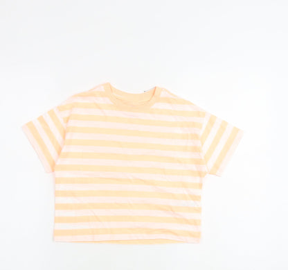 Marks and Spencer Girls Orange Striped Cotton Basic T-Shirt Size 7-8 Years Round Neck Pullover