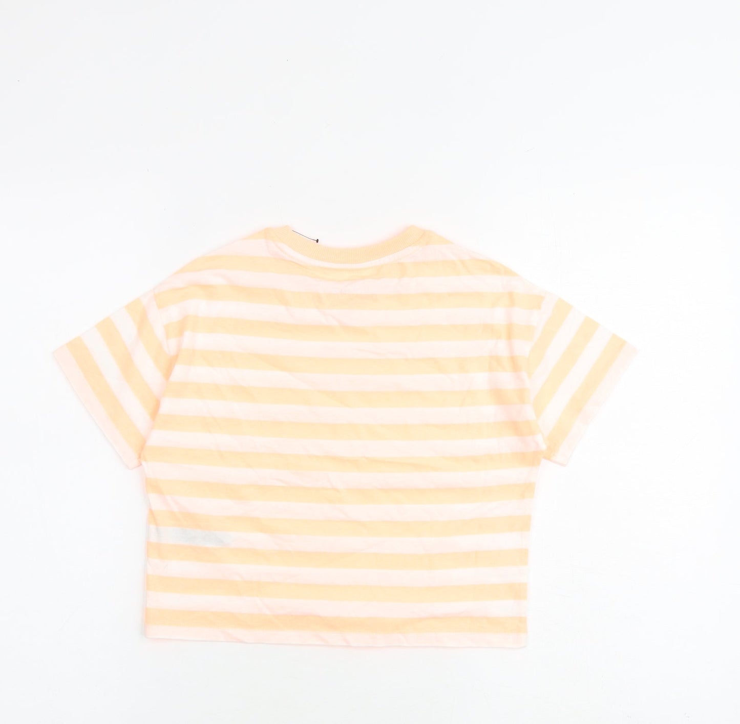 Marks and Spencer Girls Orange Striped Cotton Basic T-Shirt Size 7-8 Years Round Neck Pullover