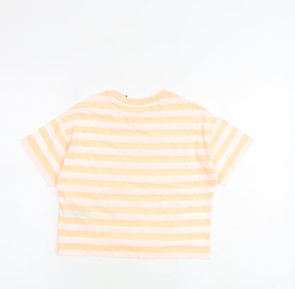 Marks and Spencer Girls Orange Striped Cotton Basic T-Shirt Size 7-8 Years Round Neck Pullover