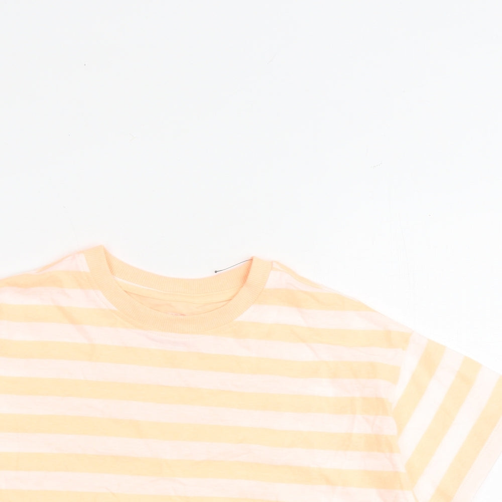 Marks and Spencer Girls Orange Striped Cotton Basic T-Shirt Size 7-8 Years Round Neck Pullover