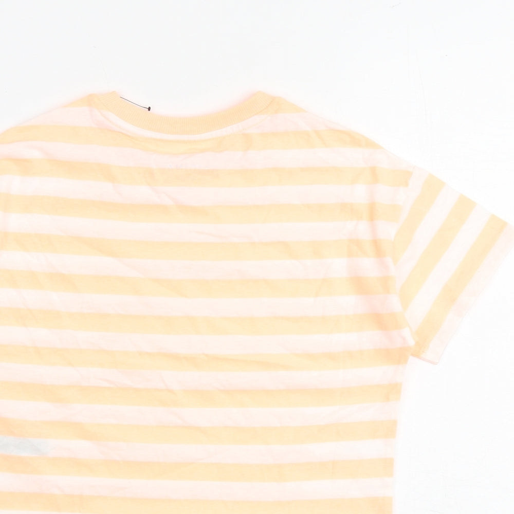 Marks and Spencer Girls Orange Striped Cotton Basic T-Shirt Size 7-8 Years Round Neck Pullover