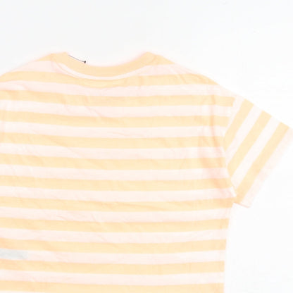 Marks and Spencer Girls Orange Striped Cotton Basic T-Shirt Size 7-8 Years Round Neck Pullover
