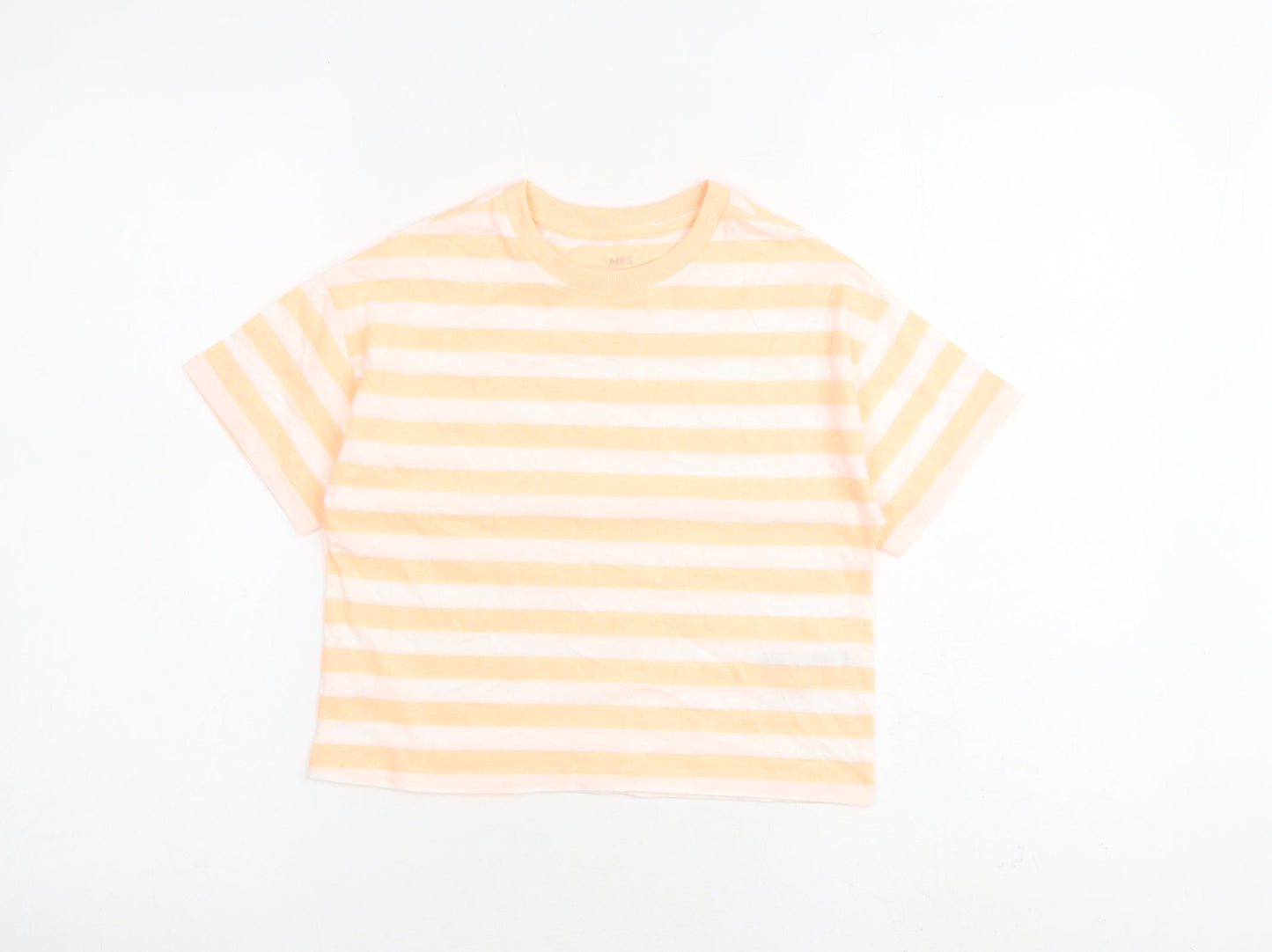 Marks and Spencer Girls Orange Striped Cotton Basic T-Shirt Size 7-8 Years Round Neck Pullover