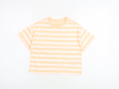Marks and Spencer Girls Orange Striped Cotton Basic T-Shirt Size 7-8 Years Round Neck Pullover