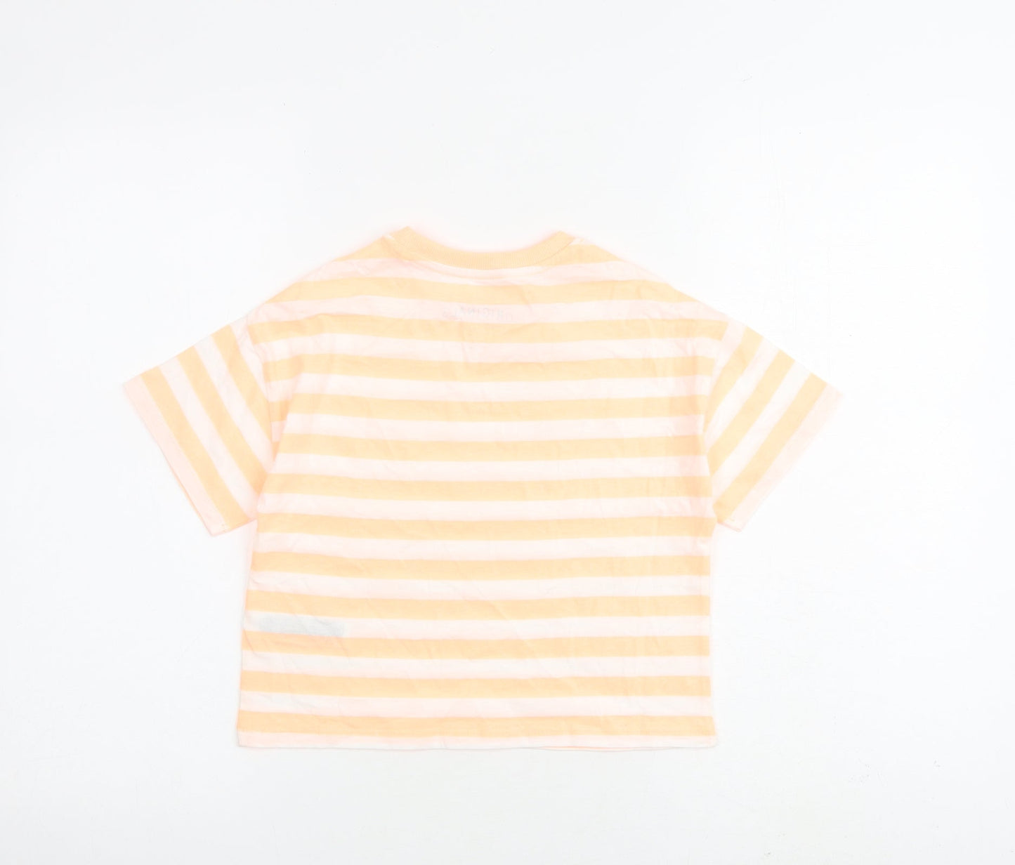 Marks and Spencer Girls Orange Striped Cotton Basic T-Shirt Size 7-8 Years Round Neck Pullover
