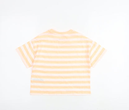 Marks and Spencer Girls Orange Striped Cotton Basic T-Shirt Size 7-8 Years Round Neck Pullover