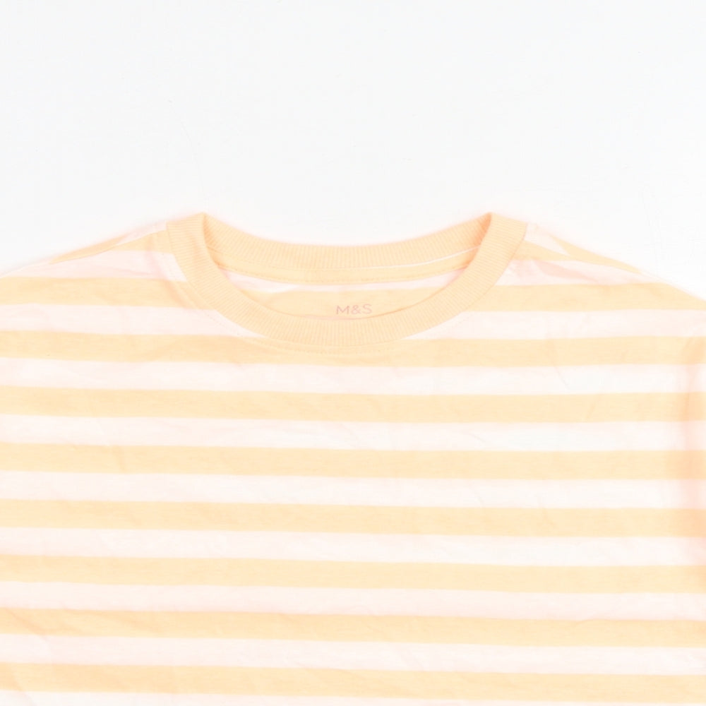 Marks and Spencer Girls Orange Striped Cotton Basic T-Shirt Size 7-8 Years Round Neck Pullover