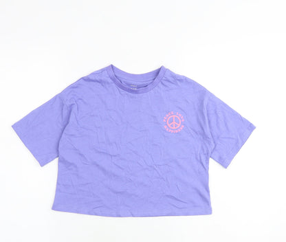 Marks and Spencer Girls Purple 100% Cotton Basic T-Shirt Size 7-8 Years Round Neck Pullover