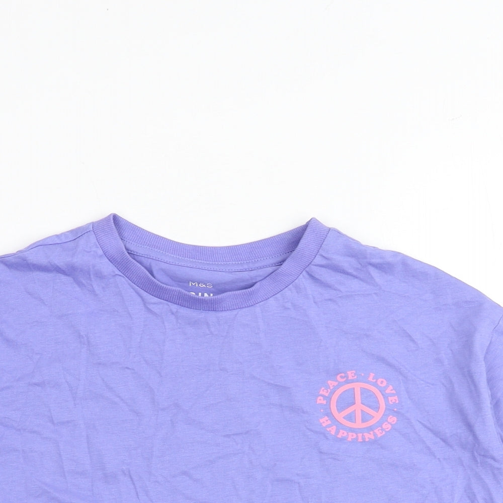 Marks and Spencer Girls Purple 100% Cotton Basic T-Shirt Size 7-8 Years Round Neck Pullover