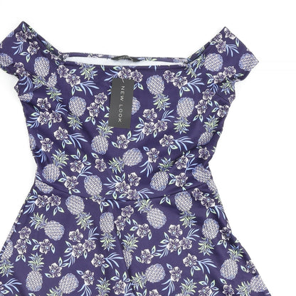 New Look Womens Purple Floral Polyester A-Line Size 10 Off the Shoulder Pullover