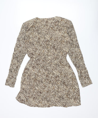 Zara Womens Beige Geometric Viscose Wrap Dress Size M V-Neck Button