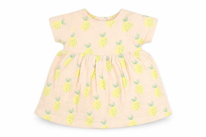 Front view of Marks & Spencer girls’ pink geometric cotton a-line, size 3-6, months round neck button - pinapple