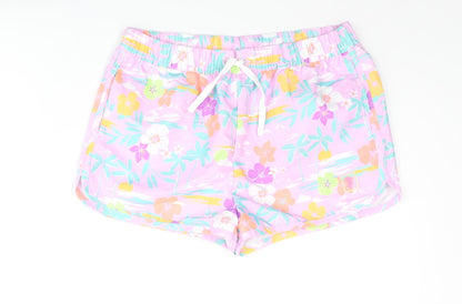 Marks and Spencer Girls Multicoloured Geometric Polyester Sweat Shorts Size 11-12 Years Regular Drawstring - Plam Tree Flower Swim Shorts