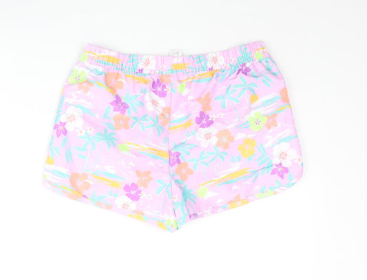 Marks and Spencer Girls Multicoloured Geometric Polyester Sweat Shorts Size 11-12 Years Regular Drawstring - Plam Tree Flower Swim Shorts