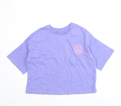Marks and Spencer Girls Purple Cotton Cropped T-Shirt Size 7-8 Years Crew Neck Pullover - Peace Love Happiness