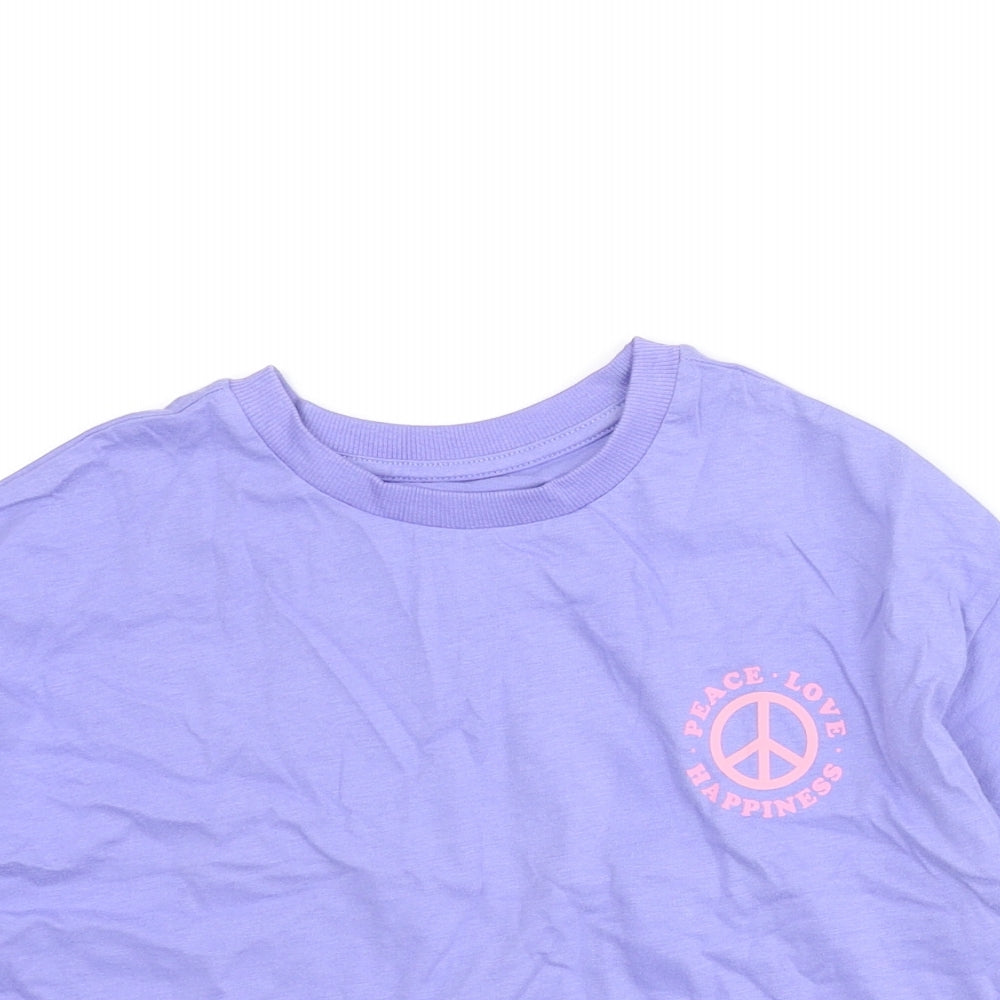 Marks and Spencer Girls Purple Cotton Cropped T-Shirt Size 7-8 Years Crew Neck Pullover - Peace Love Happiness