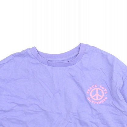 Marks and Spencer Girls Purple Cotton Cropped T-Shirt Size 7-8 Years Crew Neck Pullover - Peace Love Happiness