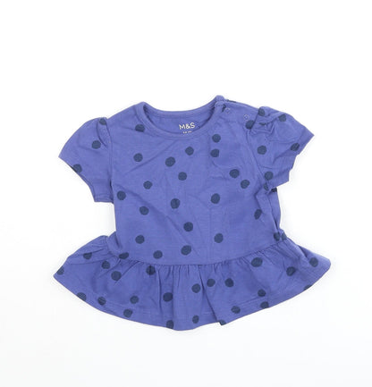 Marks and Spencer Girls Blue Polka Dot Cotton Basic T-Shirt Size 3-6 Months Round Neck Snap - Peplum