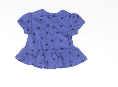 Marks and Spencer Girls Blue Polka Dot Cotton Basic T-Shirt Size 3-6 Months Round Neck Snap - Peplum
