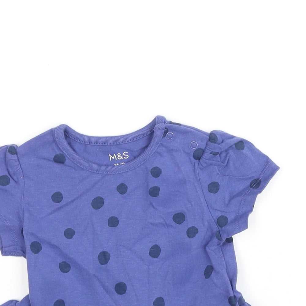 Marks and Spencer Girls Blue Polka Dot Cotton Basic T-Shirt Size 3-6 Months Round Neck Snap - Peplum