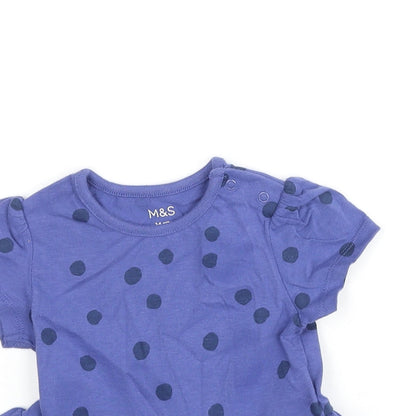 Marks and Spencer Girls Blue Polka Dot Cotton Basic T-Shirt Size 3-6 Months Round Neck Snap - Peplum