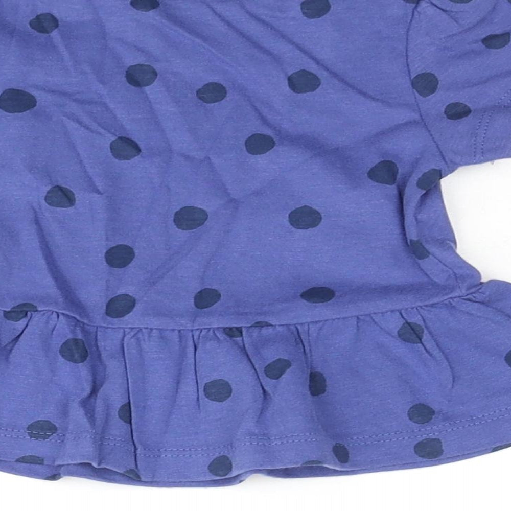 Marks and Spencer Girls Blue Polka Dot Cotton Basic T-Shirt Size 3-6 Months Round Neck Snap - Peplum
