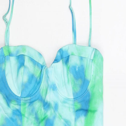 Zara Womens Blue Tie Dye Polyester Bodysuit One-Piece Size XS Zip