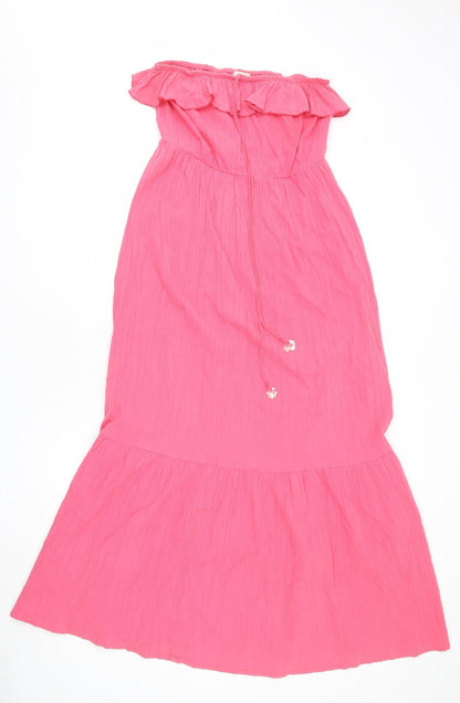 Monsoon Womens Pink 100% Cotton Maxi Size M Off the Shoulder Pullover - Ruffle Detail, Tassels
