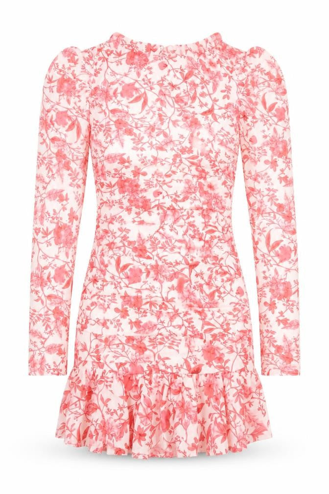 Front view of In the Style women’s white floral polyester bodycon, round neck zip - cut out detail, tie back, ruffles