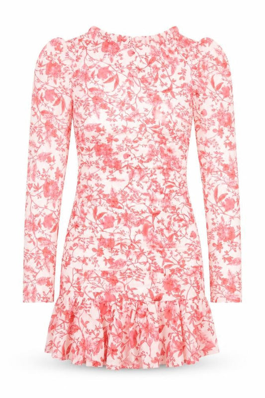 Front view of In the Style women’s white floral polyester bodycon, round neck zip - cut out detail, tie back, ruffles