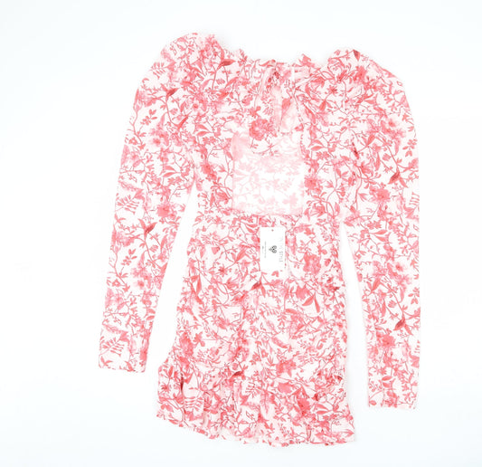 In the Style Womens White Floral Polyester Bodycon Size 8 Round Neck Zip - Cut Out Detail, Tie Back, Ruffles