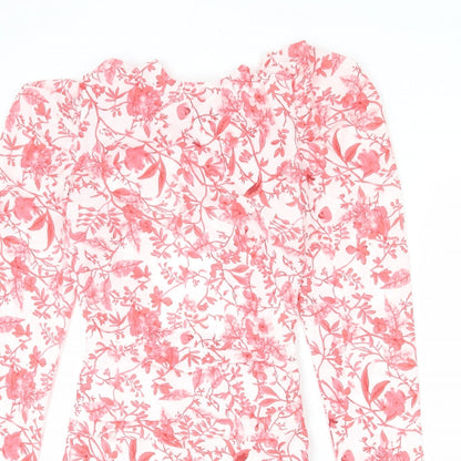 In the Style Womens White Floral Polyester Bodycon Size 8 Round Neck Zip - Cut Out Detail, Tie Back, Ruffles