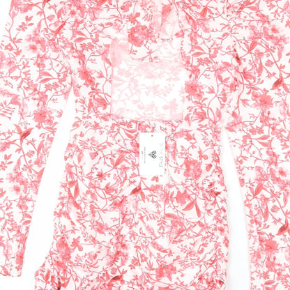 In the Style Womens White Floral Polyester Bodycon Size 8 Round Neck Zip - Cut Out Detail, Tie Back, Ruffles