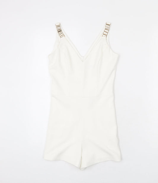 Miss Selfridge Womens White Polyester Romper One-Piece Size 6 Zip - Chain Strap