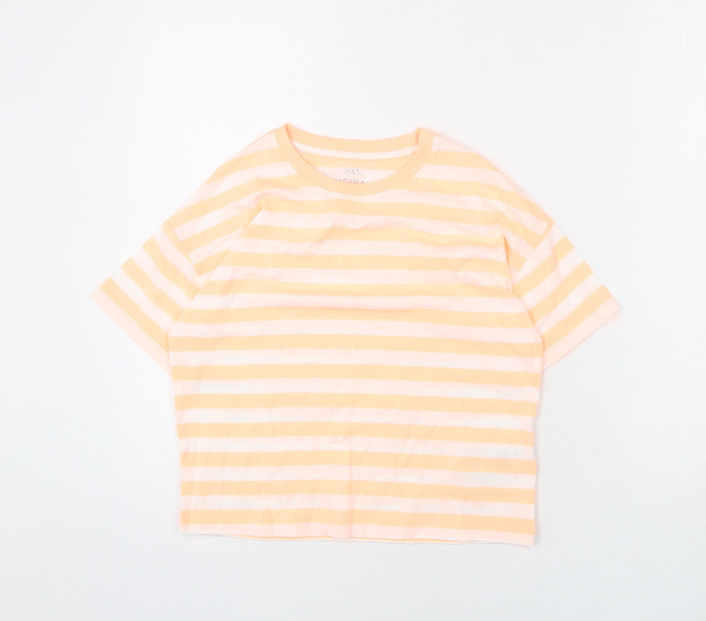 Marks and Spencer Girls Orange Striped Cotton Cropped T-Shirt Size 10-11 Years Round Neck Pullover