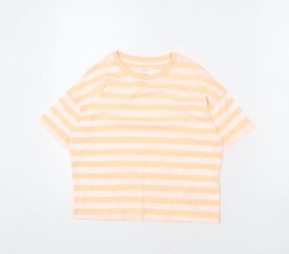 Marks and Spencer Girls Orange Striped Cotton Cropped T-Shirt Size 10-11 Years Round Neck Pullover