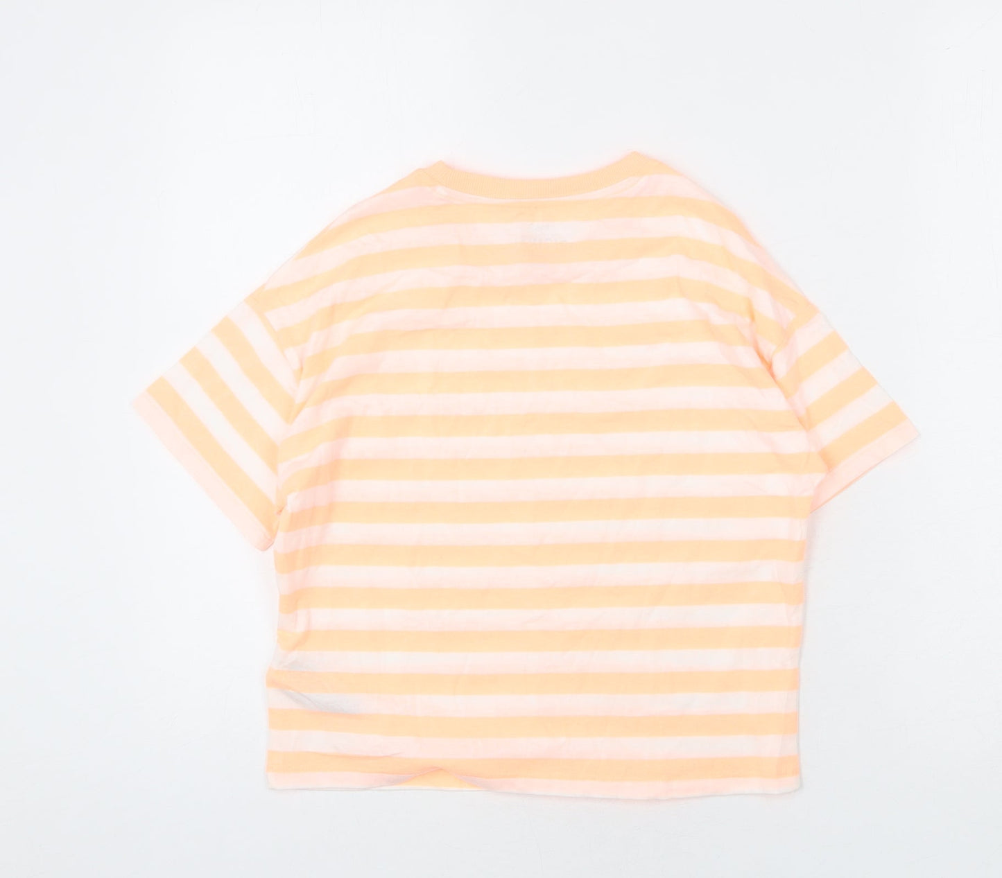 Marks and Spencer Girls Orange Striped Cotton Cropped T-Shirt Size 10-11 Years Round Neck Pullover
