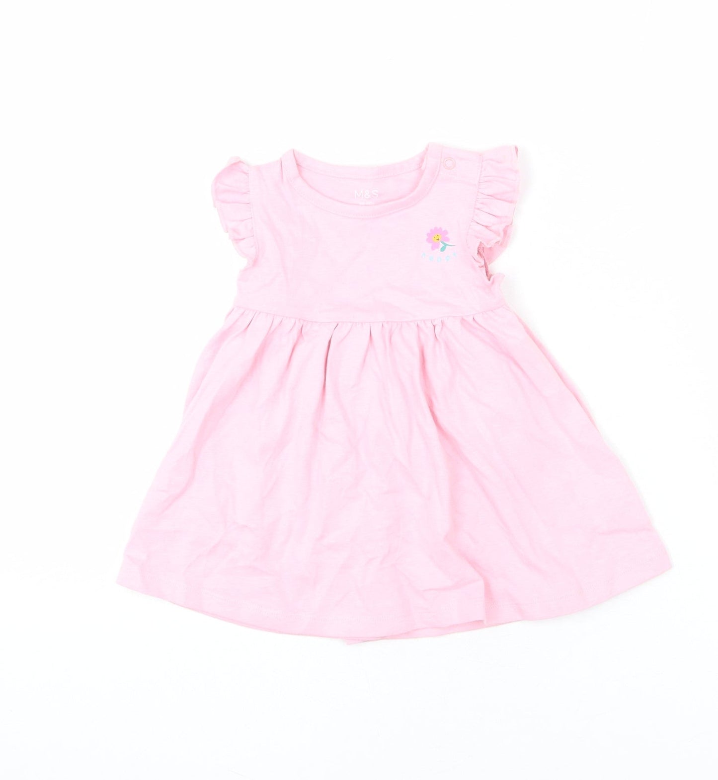 Marks and Spencer Girls Pink 100% Cotton A-Line Size 3-6 Months Round Neck Snap - Ruffle Detail, Happy, Flower