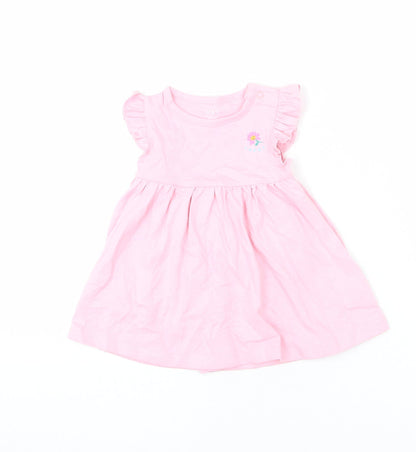 Marks and Spencer Girls Pink 100% Cotton A-Line Size 3-6 Months Round Neck Snap - Ruffle Detail, Happy, Flower