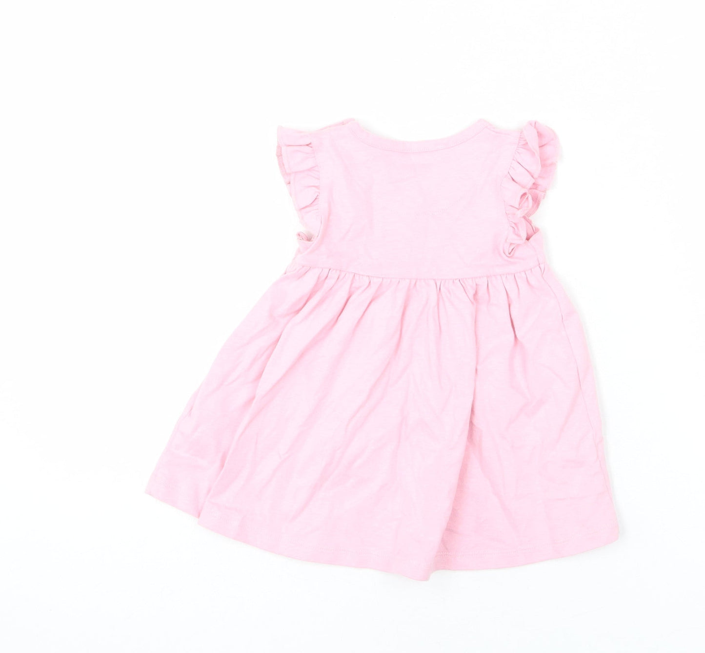 Marks and Spencer Girls Pink 100% Cotton A-Line Size 3-6 Months Round Neck Snap - Ruffle Detail, Happy, Flower
