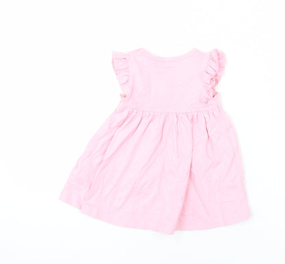 Marks and Spencer Girls Pink 100% Cotton A-Line Size 3-6 Months Round Neck Snap - Ruffle Detail, Happy, Flower