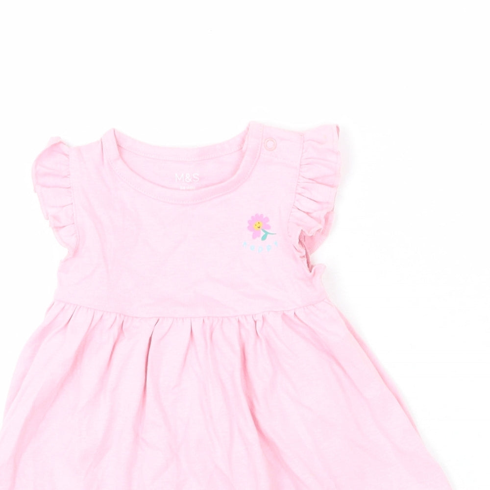 Marks and Spencer Girls Pink 100% Cotton A-Line Size 3-6 Months Round Neck Snap - Ruffle Detail, Happy, Flower
