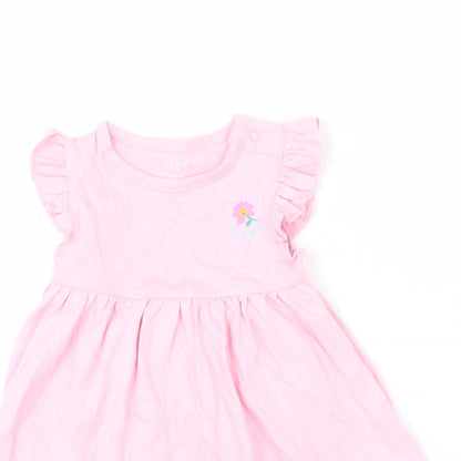 Marks and Spencer Girls Pink 100% Cotton A-Line Size 3-6 Months Round Neck Snap - Ruffle Detail, Happy, Flower