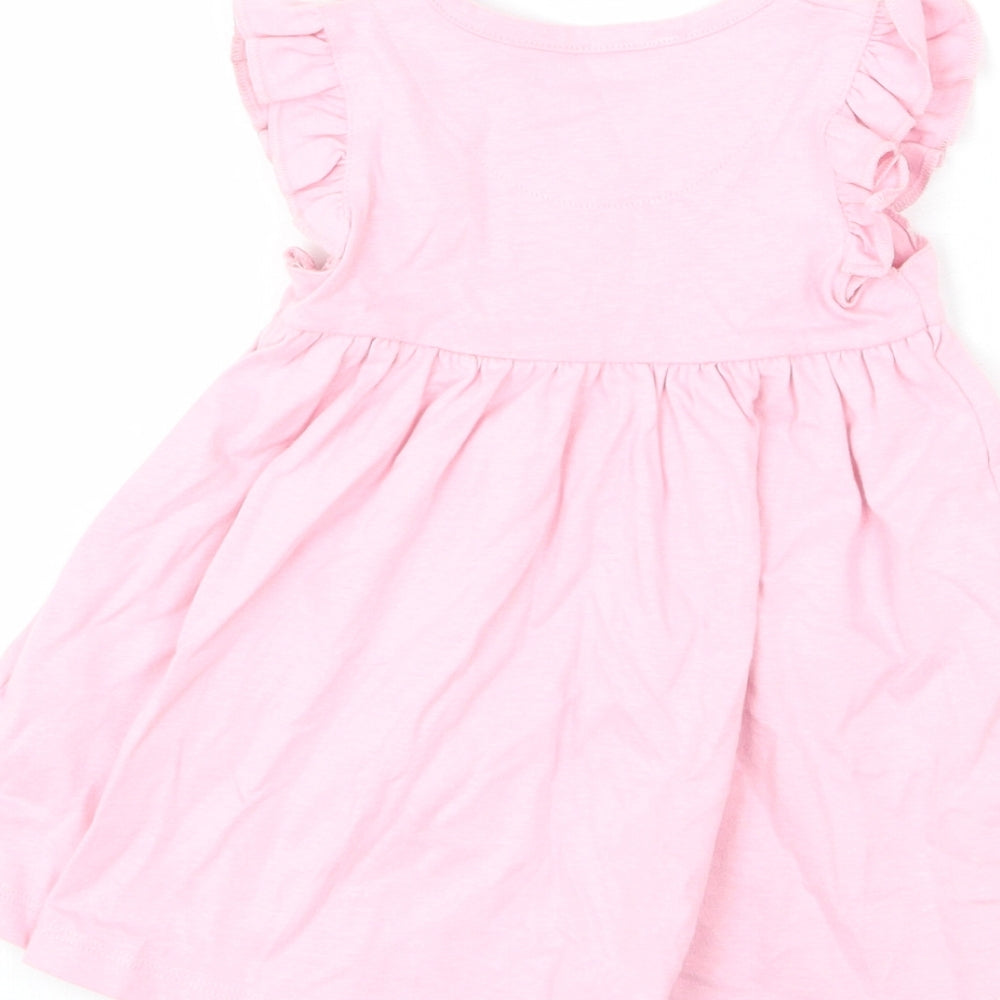 Marks and Spencer Girls Pink 100% Cotton A-Line Size 3-6 Months Round Neck Snap - Ruffle Detail, Happy, Flower