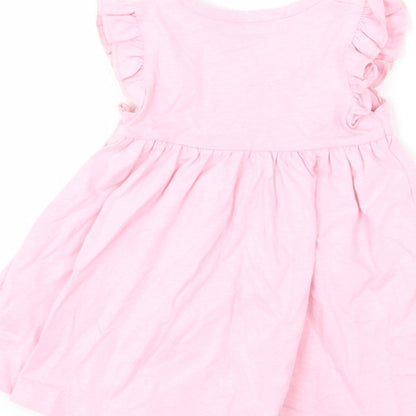 Marks and Spencer Girls Pink 100% Cotton A-Line Size 3-6 Months Round Neck Snap - Ruffle Detail, Happy, Flower