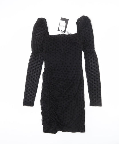 NaaNaa Womens Black Polka Dot Polyester Bodycon Size 6 Square Neck Zip