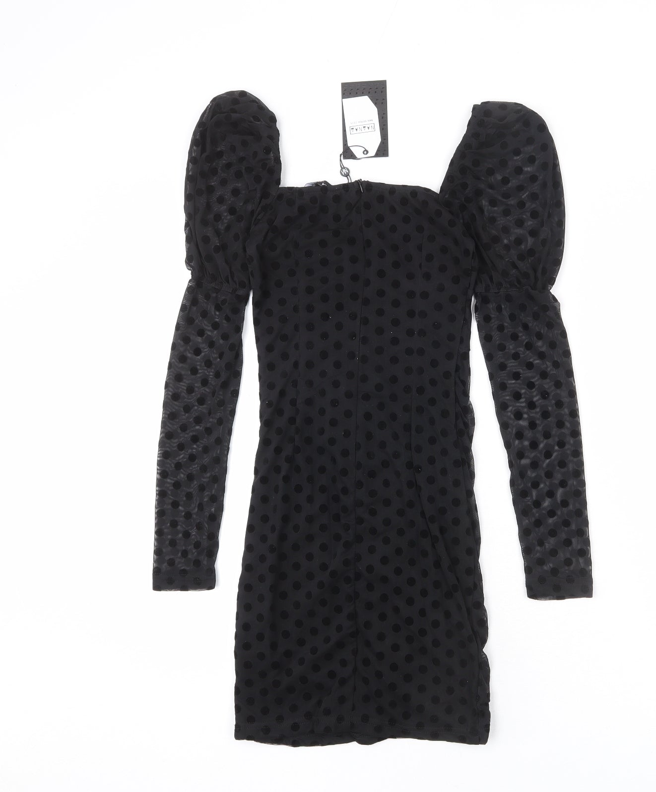 NaaNaa Womens Black Polka Dot Polyester Bodycon Size 6 Square Neck Zip