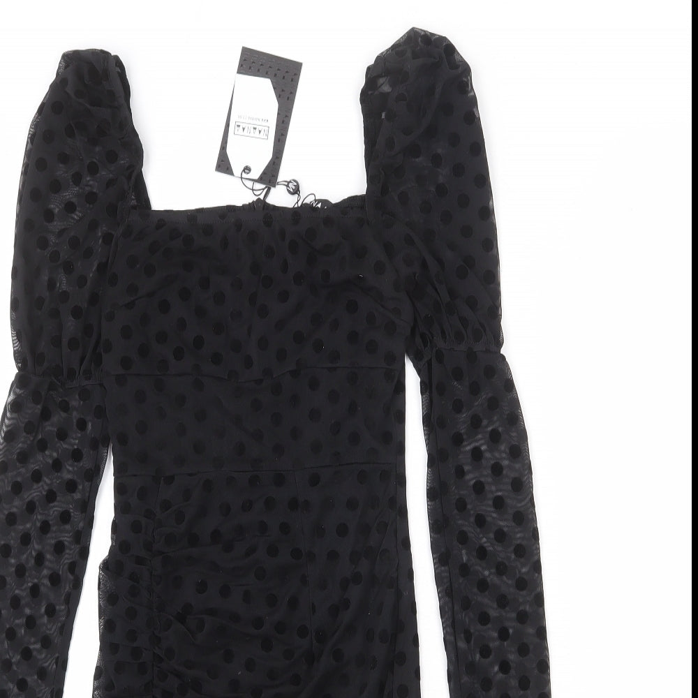 NaaNaa Womens Black Polka Dot Polyester Bodycon Size 6 Square Neck Zip